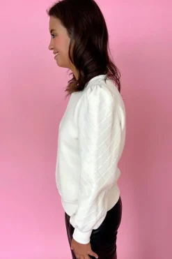 Clearance Dear-Lover Solid Puff Sleeve Round Neck Pullover Sweatshirt White