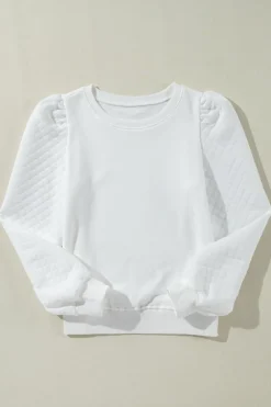 Clearance Dear-Lover Solid Puff Sleeve Round Neck Pullover Sweatshirt White