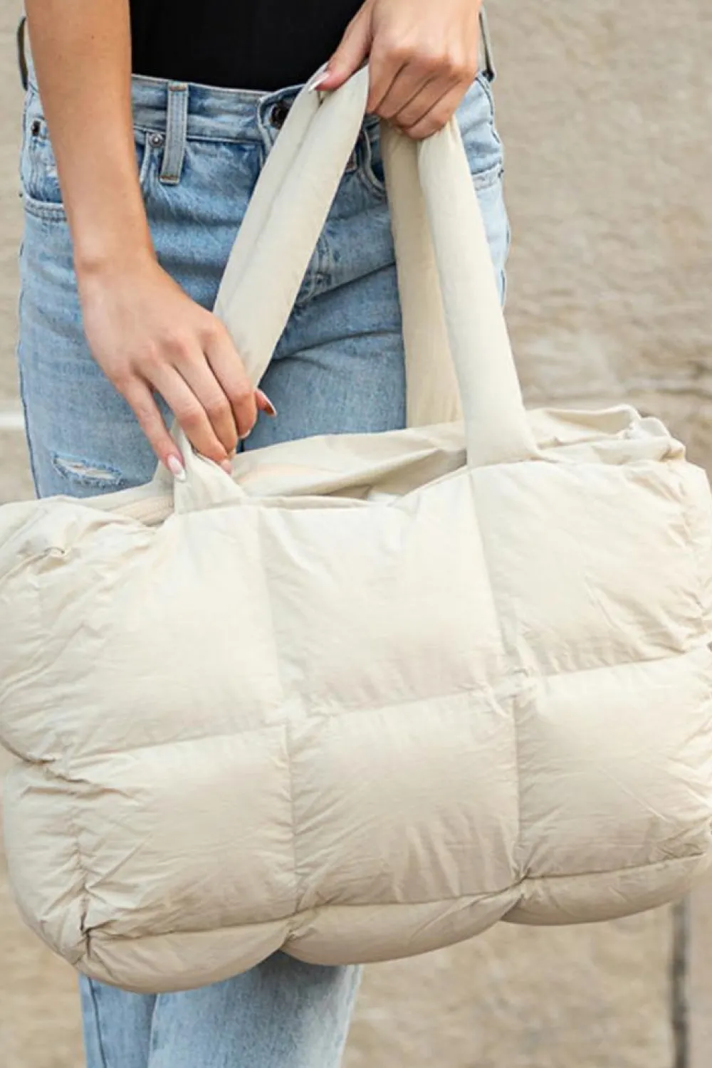 Clearance Dear-Lover Solid Quilted Puffy Zipped Large Tote Bag White