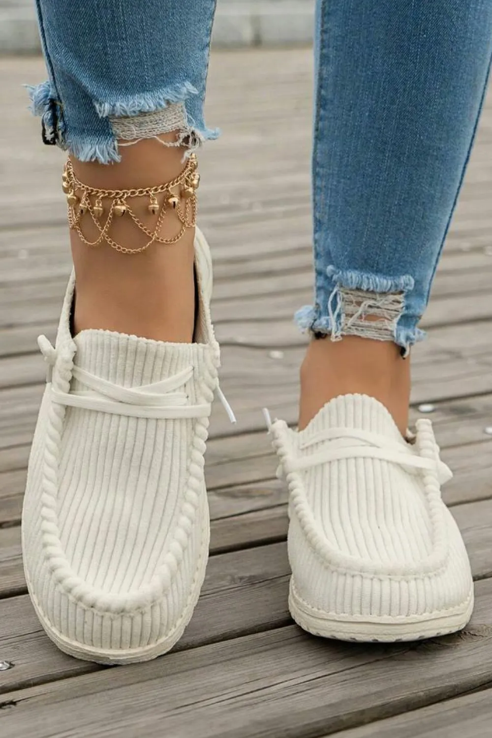 New Dear-Lover Solid Ribbed Criss Cross Slip On Casual Shoes White