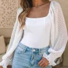 New Dear-Lover Solid Swiss Dot Ribbed Puff Sleeve Bodysuit White