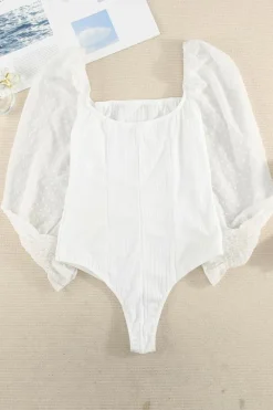 New Dear-Lover Solid Swiss Dot Ribbed Puff Sleeve Bodysuit White