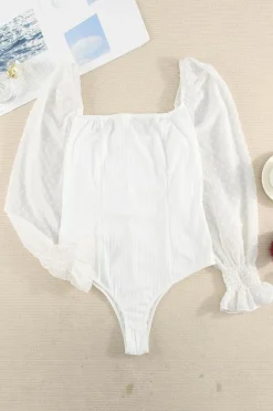 New Dear-Lover Solid Swiss Dot Ribbed Puff Sleeve Bodysuit White