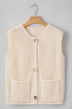 Discount Dear-Lover Solid Textured Knit Side Pockets Buttoned Sweater Vest White