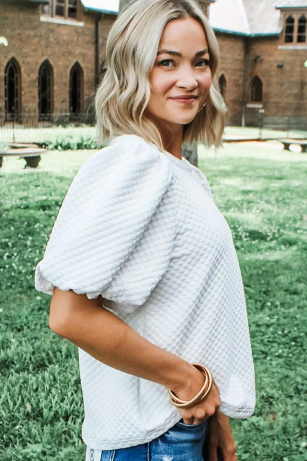 Fashion Dear-Lover Solid Textured O Neck Puff Sleeve Blouse White