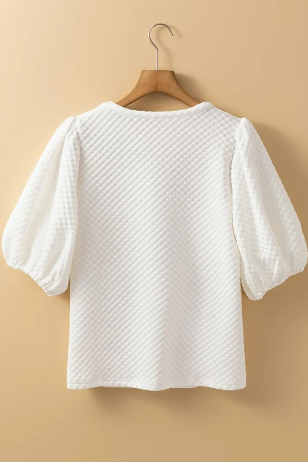 Fashion Dear-Lover Solid Textured O Neck Puff Sleeve Blouse White