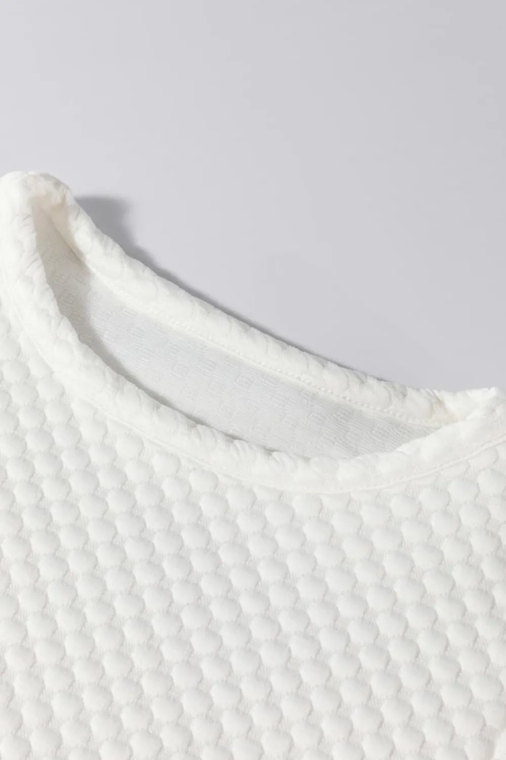 Fashion Dear-Lover Solid Textured O Neck Puff Sleeve Blouse White
