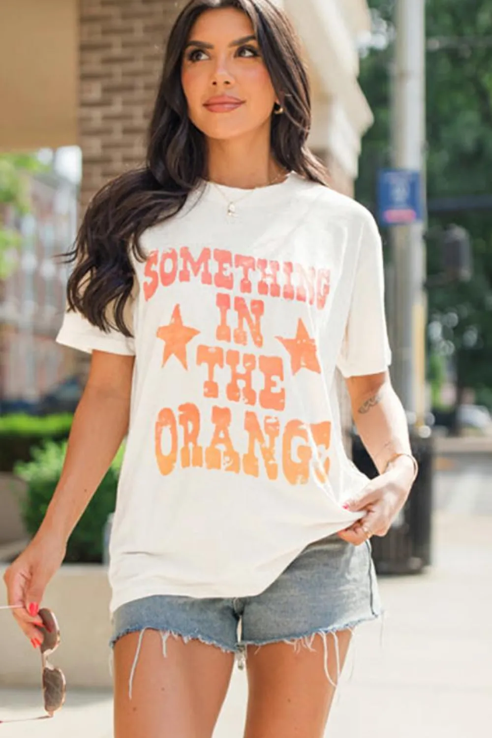 Discount Dear-Lover SOMETHING IN THE ORANGE Graphic Crew Neck T Shirt White