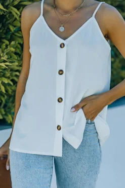 Sale Dear-Lover Spaghetti Strap Buttoned Tank Top White