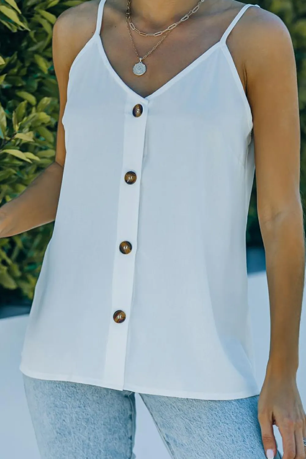 Sale Dear-Lover Spaghetti Strap Buttoned Tank Top White