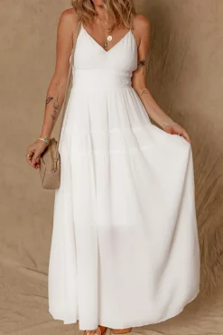 Sale Dear-Lover Spaghetti Straps High Waist Elegant Long Dress White