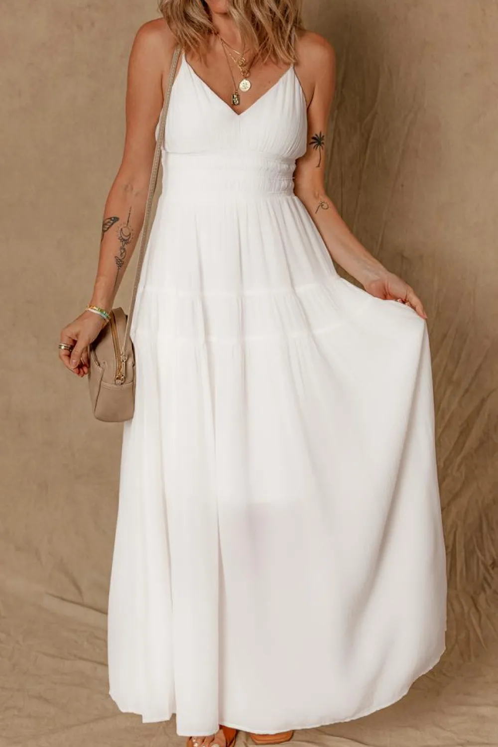 Sale Dear-Lover Spaghetti Straps High Waist Elegant Long Dress White