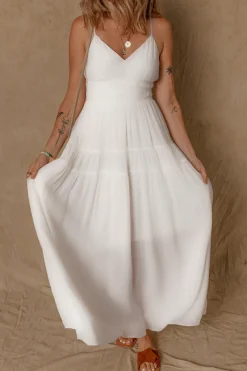 Sale Dear-Lover Spaghetti Straps High Waist Elegant Long Dress White