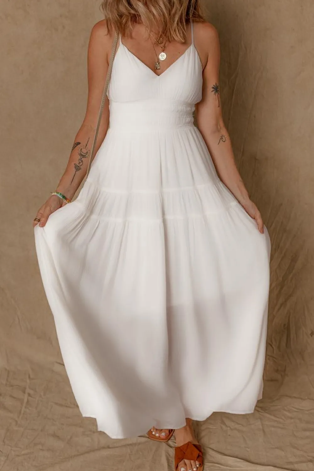Sale Dear-Lover Spaghetti Straps High Waist Elegant Long Dress White