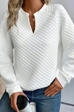 Online Dear-Lover Split Neck Quilted Long Sleeve Top White