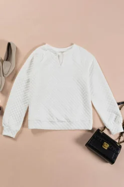 Online Dear-Lover Split Neck Quilted Long Sleeve Top White