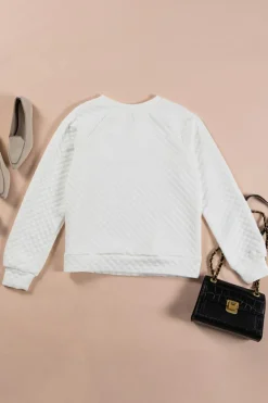 Online Dear-Lover Split Neck Quilted Long Sleeve Top White