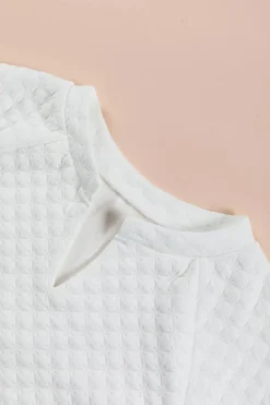 Online Dear-Lover Split Neck Quilted Long Sleeve Top White