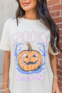 Discount Dear-Lover SPOOKY Pumpkin Print Round Neck Halloween T Shirt White