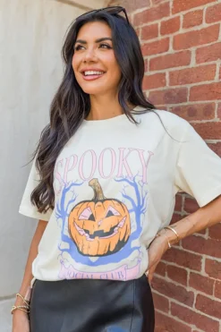 Discount Dear-Lover SPOOKY Pumpkin Print Round Neck Halloween T Shirt White