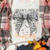 Best Dear-Lover SPOOKY WITCH Leopard Bowknot Bat Graphic Halloween T Shirt White