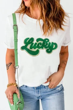 Fashion Dear-Lover St. Patrick Lucky Chenille Glitter Patched Graphic T Shirt White