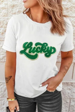 Fashion Dear-Lover St. Patrick Lucky Chenille Glitter Patched Graphic T Shirt White