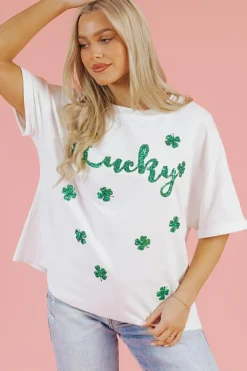 Clearance Dear-Lover St Patrick Lucky Clover Sequin Graphic T Shirt White