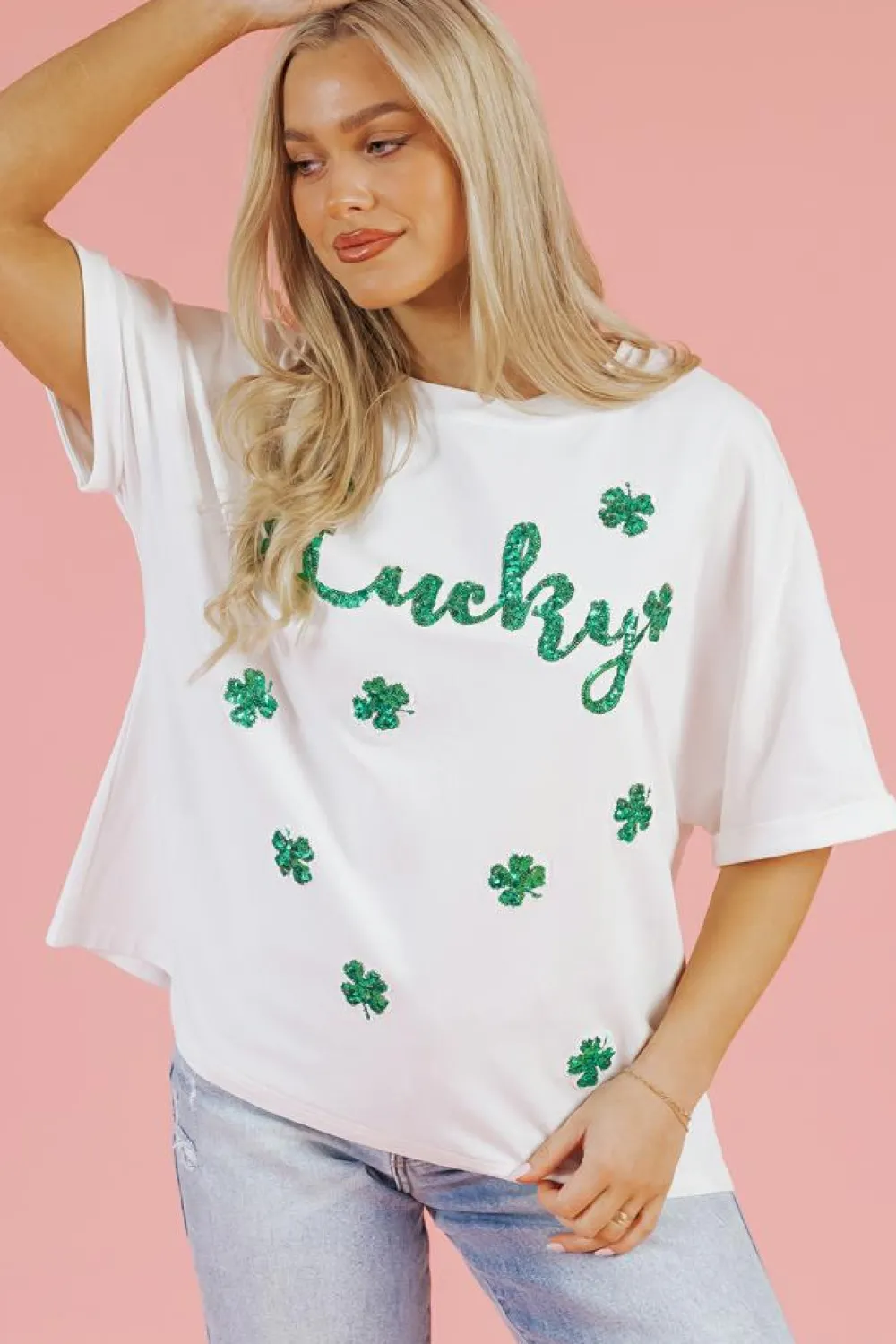 Clearance Dear-Lover St Patrick Lucky Clover Sequin Graphic T Shirt White