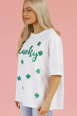Clearance Dear-Lover St Patrick Lucky Clover Sequin Graphic T Shirt White
