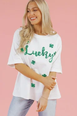 Clearance Dear-Lover St Patrick Lucky Clover Sequin Graphic T Shirt White