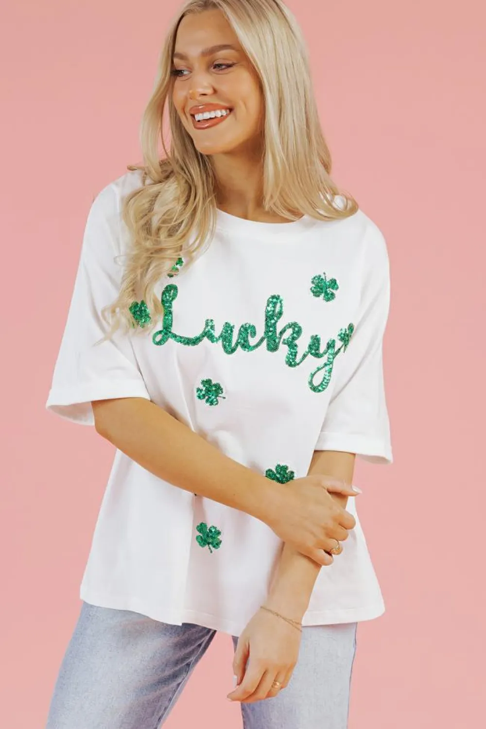 Clearance Dear-Lover St Patrick Lucky Clover Sequin Graphic T Shirt White