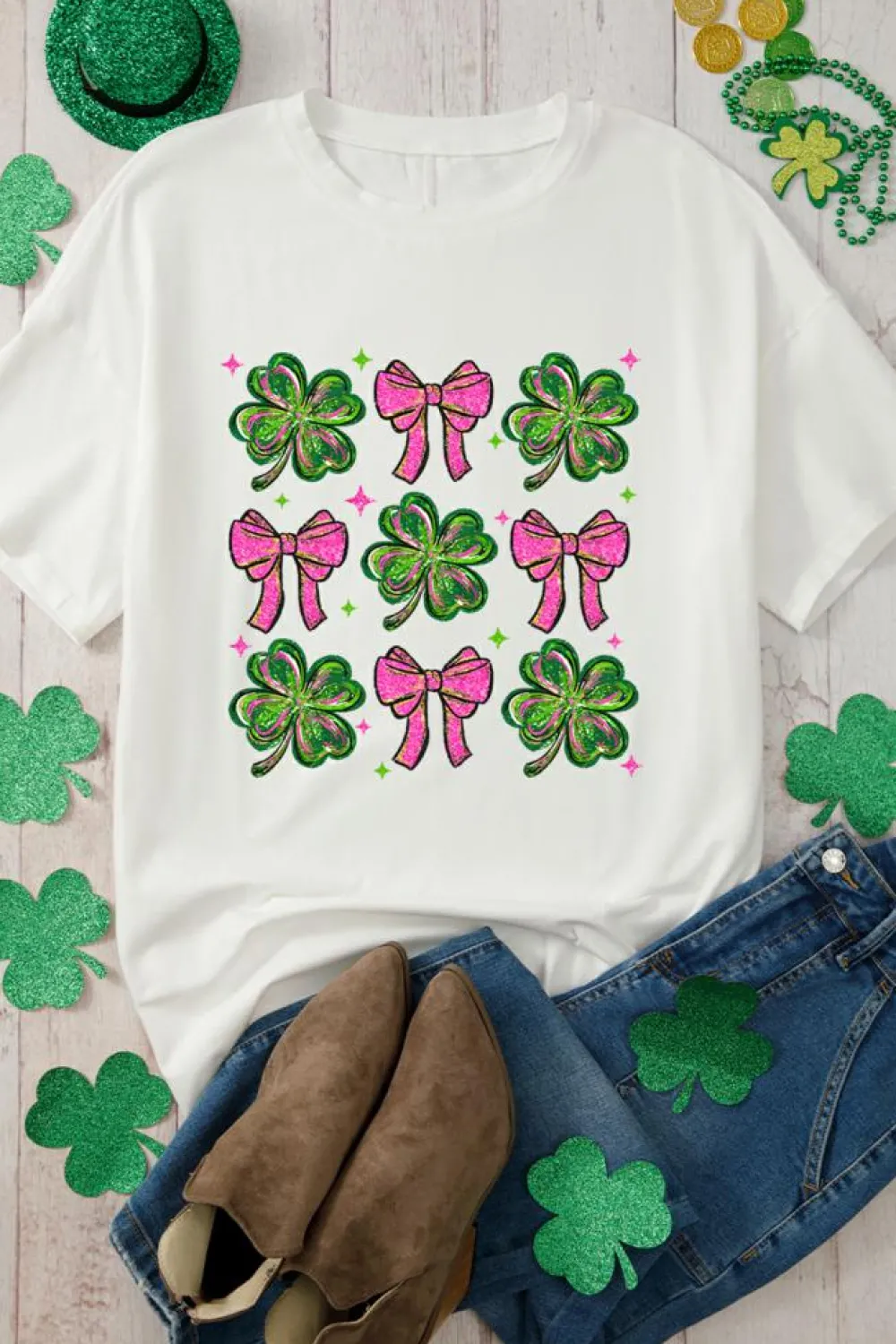 Hot Dear-Lover St Patrick Shamrock Bowknot Printed Crewneck Tee White
