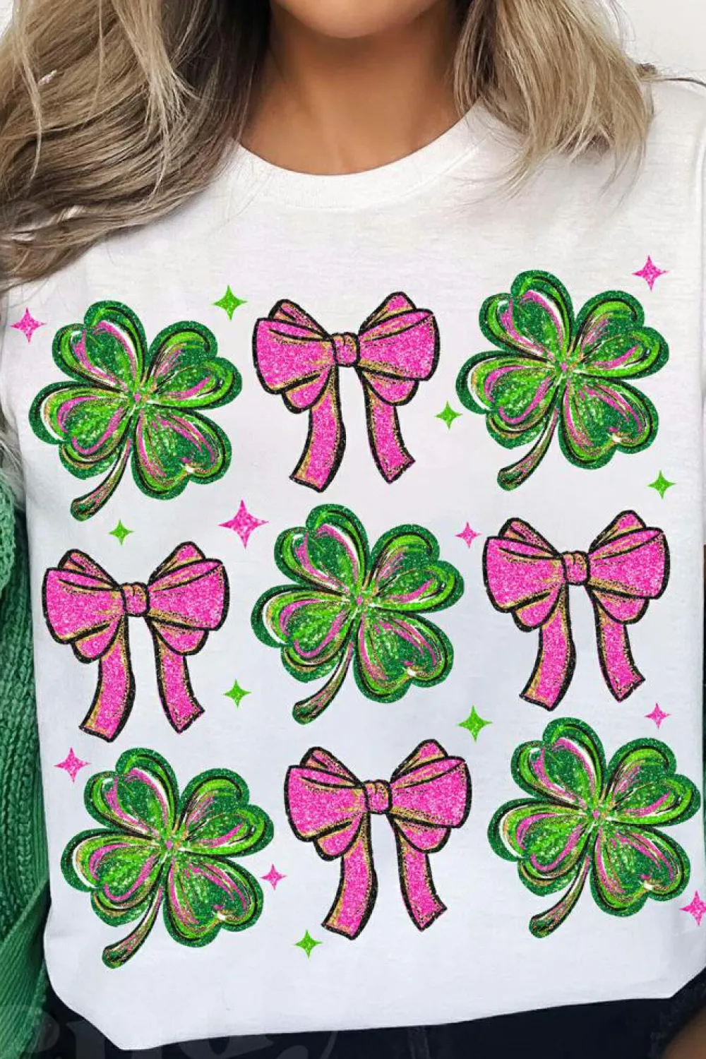 Hot Dear-Lover St Patrick Shamrock Bowknot Printed Crewneck Tee White