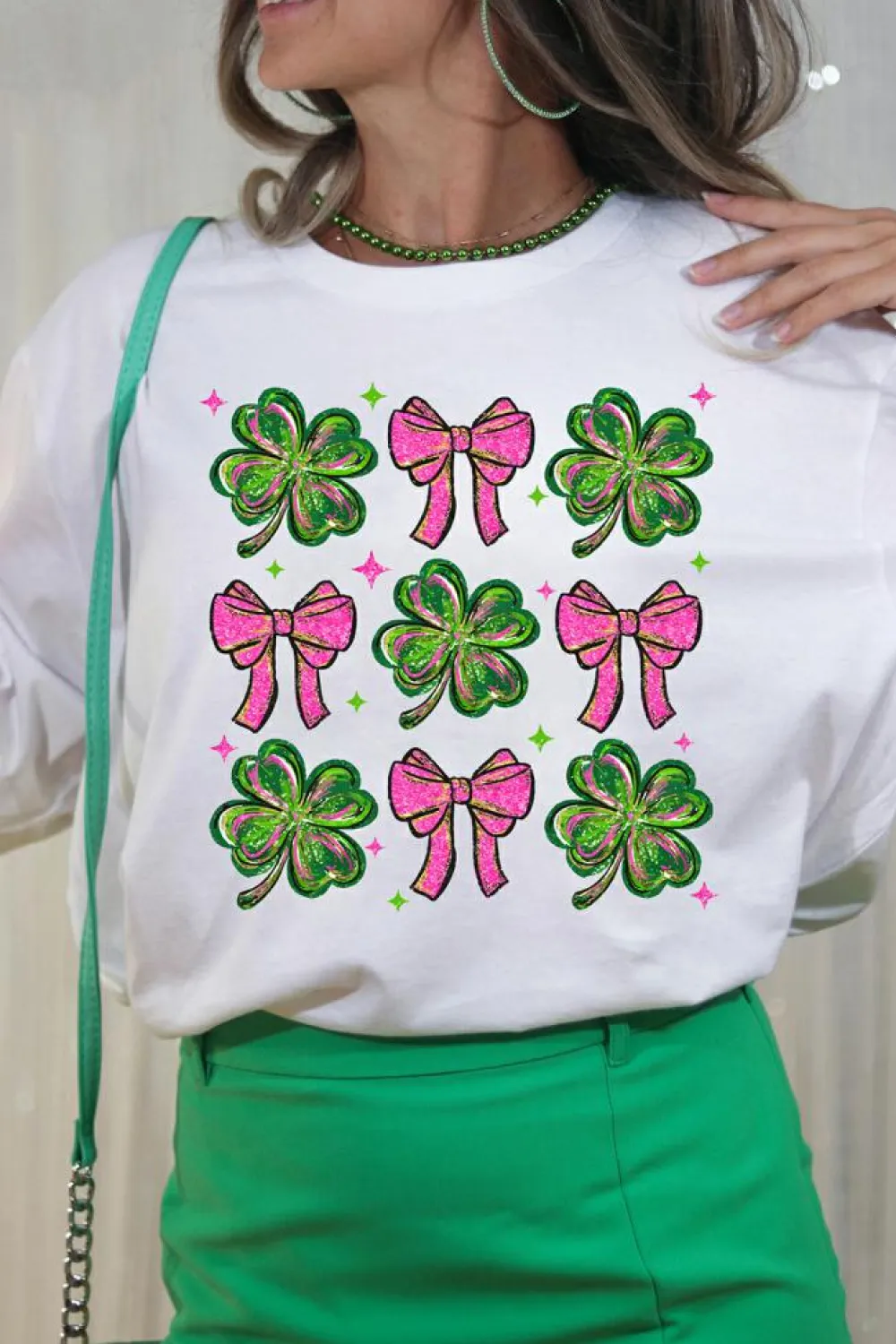 Hot Dear-Lover St Patrick Shamrock Bowknot Printed Crewneck Tee White