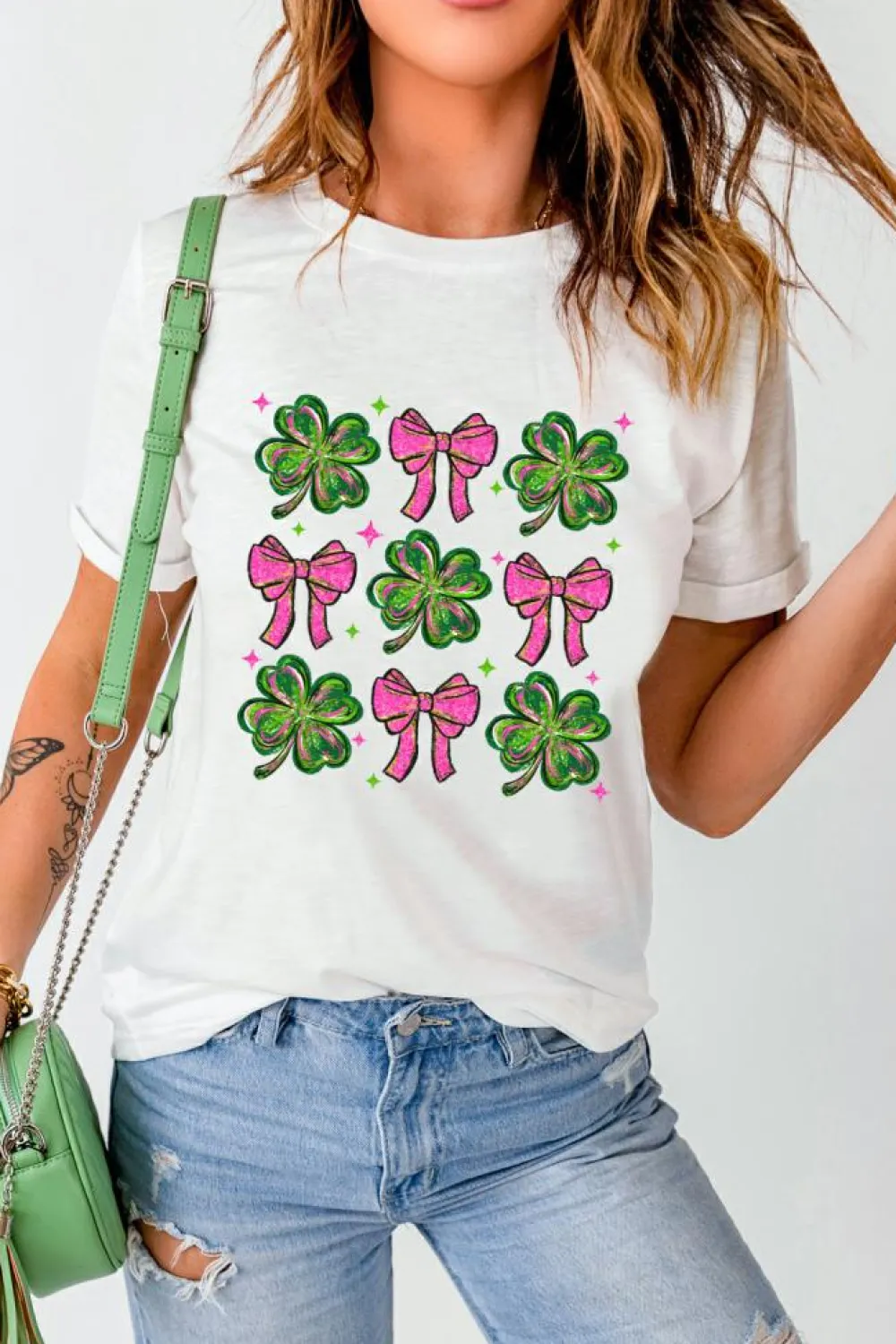 Hot Dear-Lover St Patrick Shamrock Bowknot Printed Crewneck Tee White