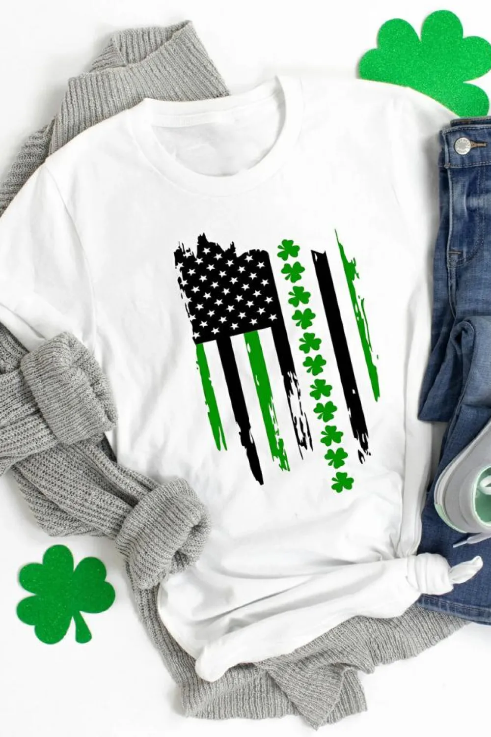 Sale Dear-Lover St. Patricks Clover American Flag Print Crewneck Tee White