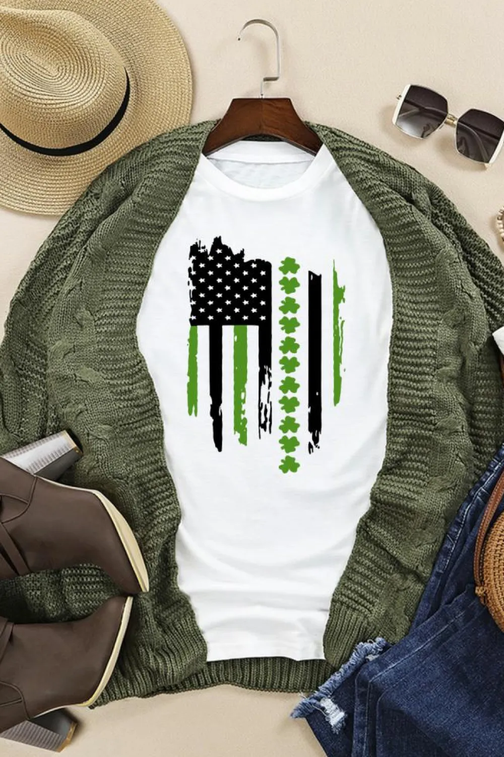 Sale Dear-Lover St. Patricks Clover American Flag Print Crewneck Tee White