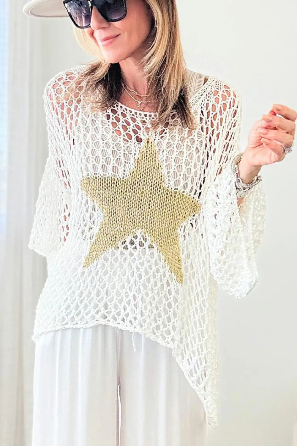 Outlet Dear-Lover Star Graphic Crochet Knitted Summer Sweater Top White