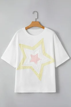 New Dear-Lover Star Layered Patched Graphic Drop Shoulder Half Sleeve Loose Tee White