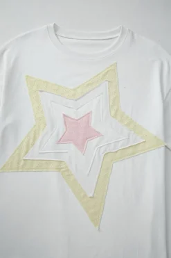 New Dear-Lover Star Layered Patched Graphic Drop Shoulder Half Sleeve Loose Tee White