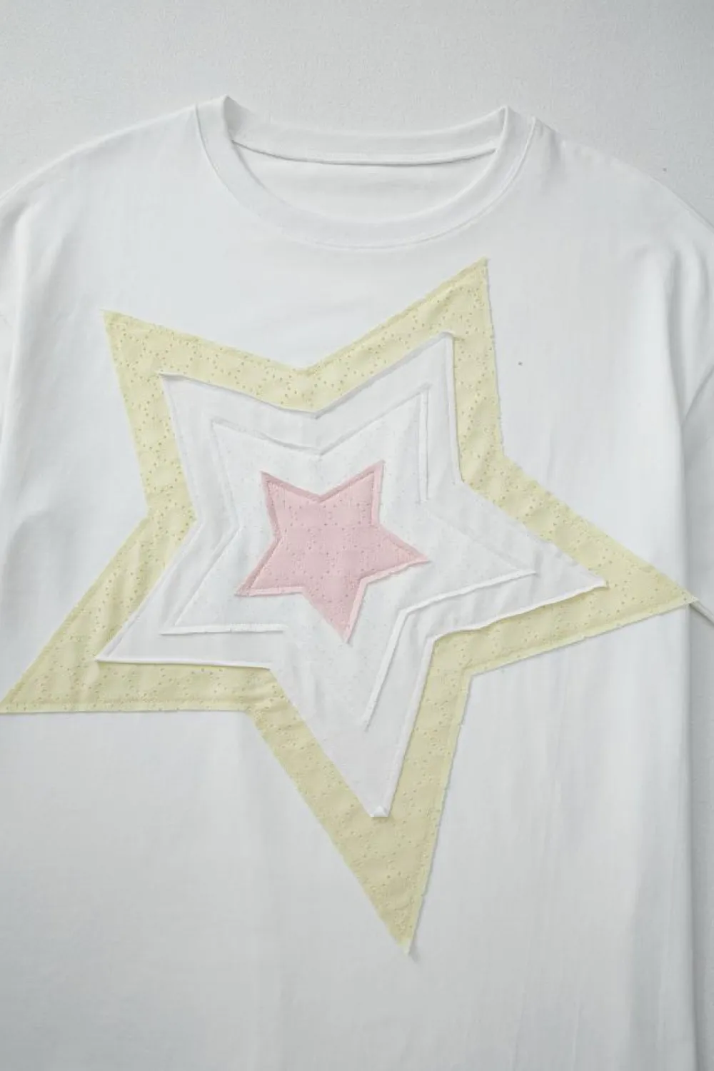 New Dear-Lover Star Layered Patched Graphic Drop Shoulder Half Sleeve Loose Tee White