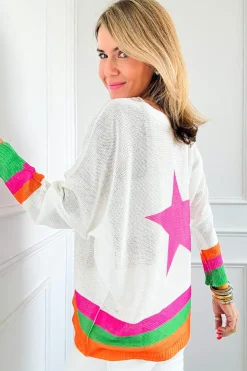 New Dear-Lover Star Pattern Colorblock Striped Edge Drop Shoulder Sweater White