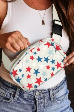 New Dear-Lover Star Printed Buckle Strap Flag Day Crossbody Bag White