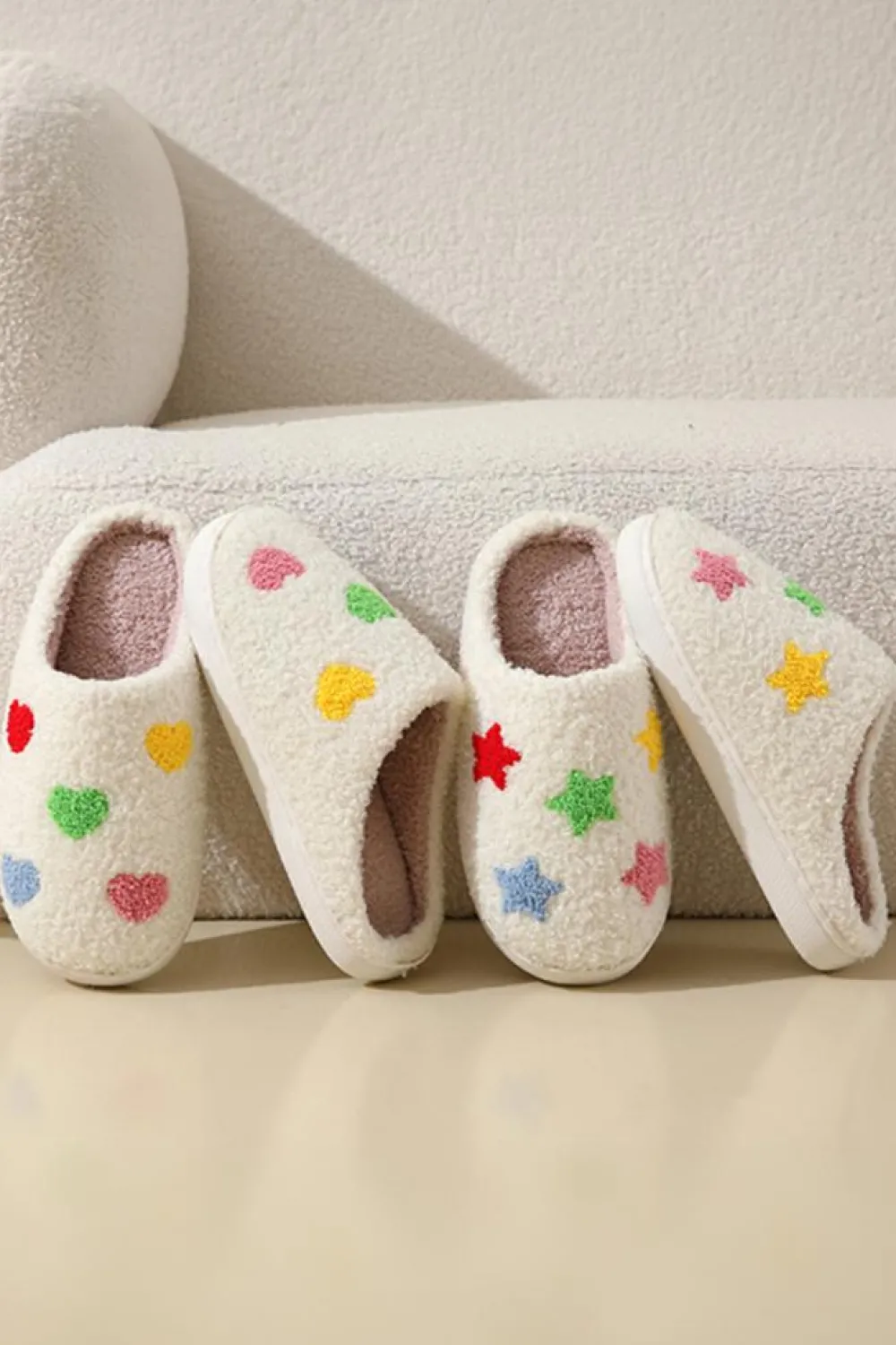 Discount Dear-Lover Star Shape Non-Slip Plush Home Slippers White