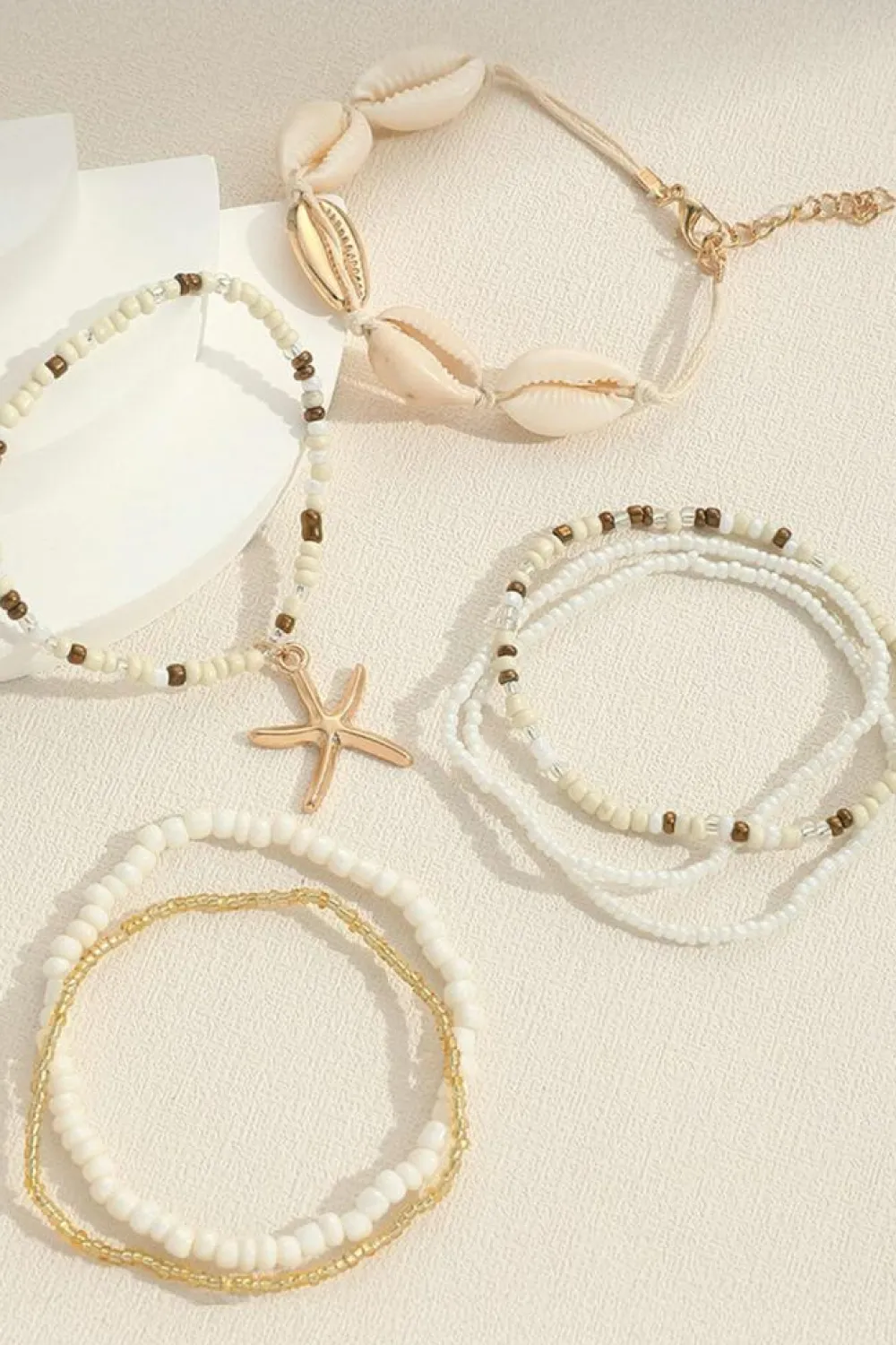 New Dear-Lover Starfish Shell Decor Multi Layer Beaded Bracelet Set White