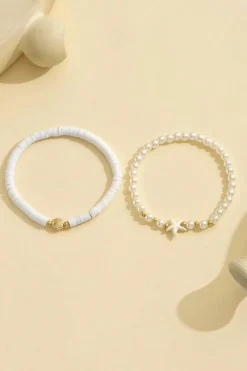 Hot Dear-Lover Starfish Shell Pearl Decor Beaded Double Layer Anklet White