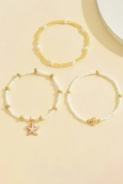 Best Dear-Lover Starfish Shell Pearl Beaded Elastic Layered Bracelet White