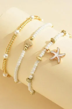 Best Dear-Lover Starfish Shell Pearl Beaded Elastic Layered Bracelet White