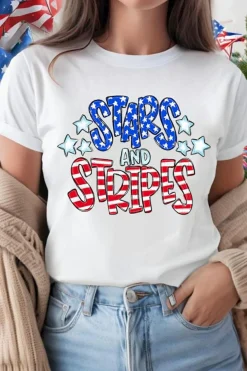New Dear-Lover Stars and Stripes Round Neck Graphic T Shirt White